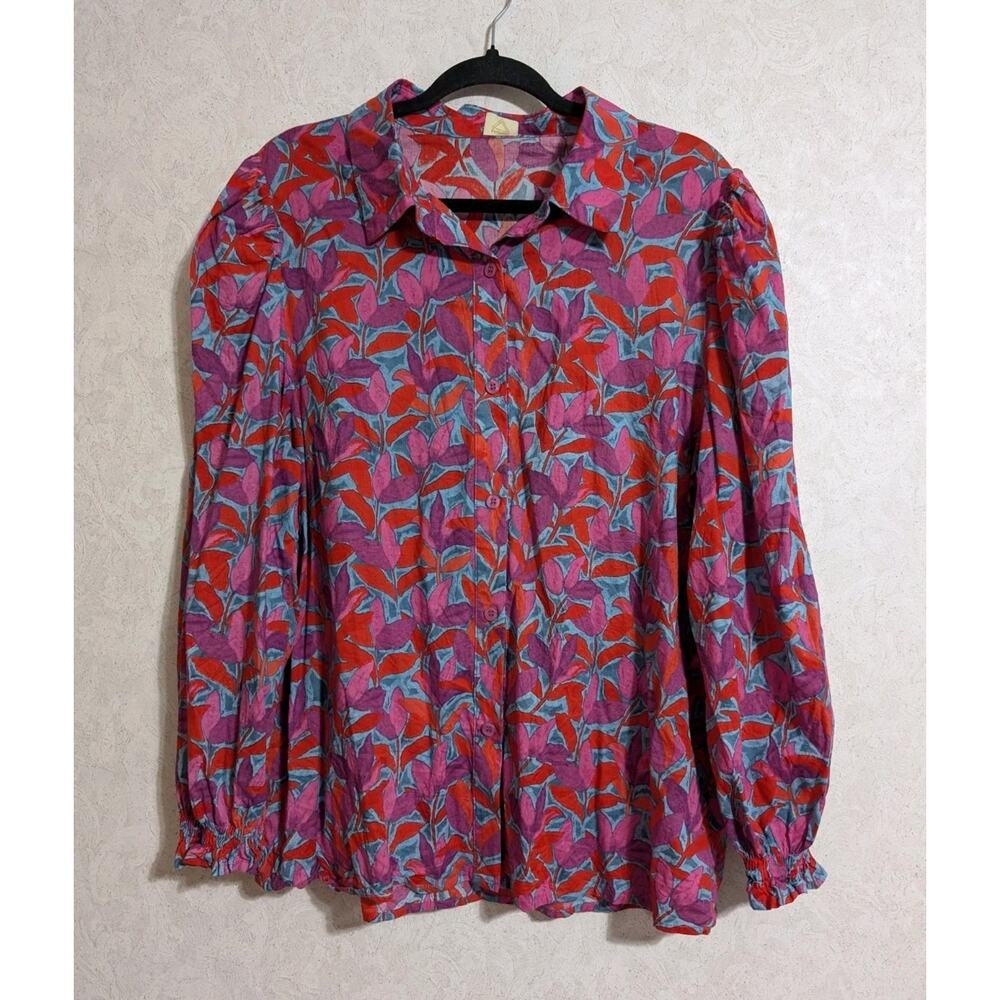 Ash & Opal Multicolor Abstract Floral Button Up Long Puff Sleeve Shirt Size XL